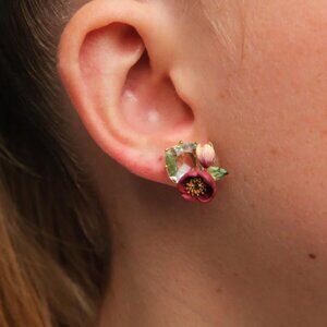 Red Hellebore flower and faceted stone earrings